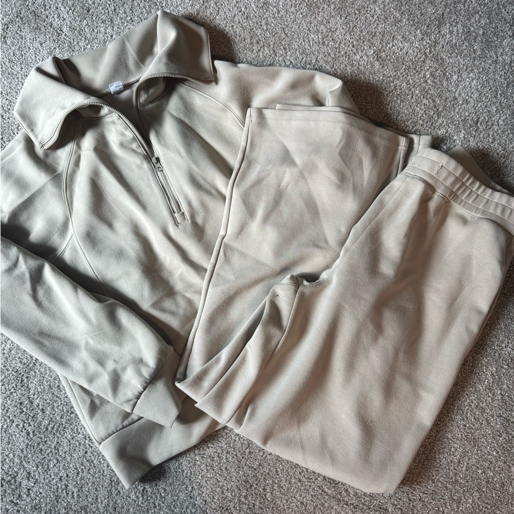 Beige Quarter-Zip Pullover and Joggers Set